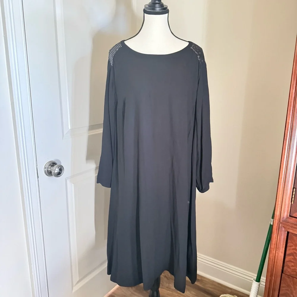 EILEEN FISHER 1X 100% silk ladies black long sleeve cocktail dress great cond - Picture 4 of 9